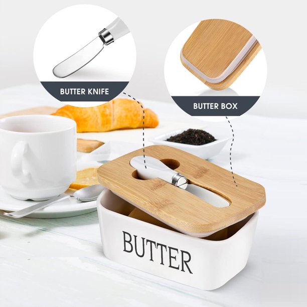 HKEEY Butter Dish,Ceramic Butter Dish with lid and Stainless Steel Butter Knife Spreader, Butter Keeper Double Silicone Seals, Easy Clean, Butter Dishes with Covers