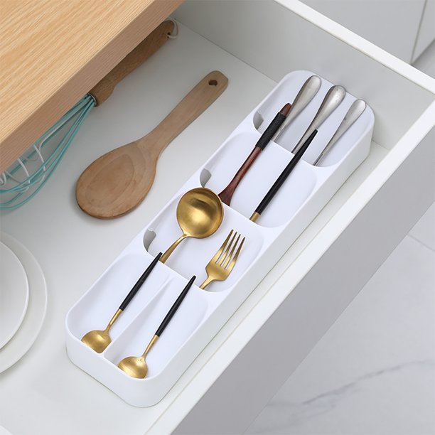 Drawer Cutlery Organizer Tray Kitchen Storage Holder Rack for Cutlery Silverware - White